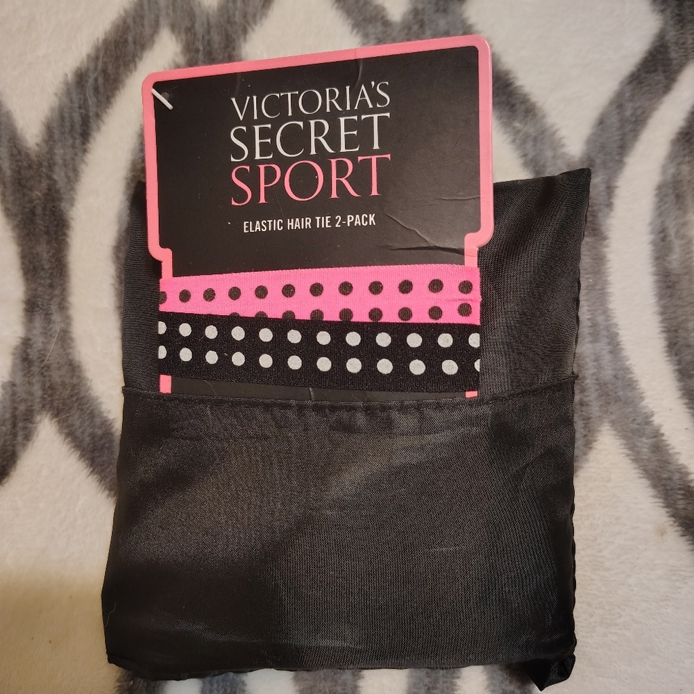 Victoria's Secret Sport Pink & Black Polka Dot Hair Ties (2-Pack) + FoldableTOTE